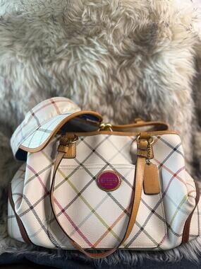Coach Peyton Tattersall Tote F23075 + Matching Visor Plaid Multicolor Set
